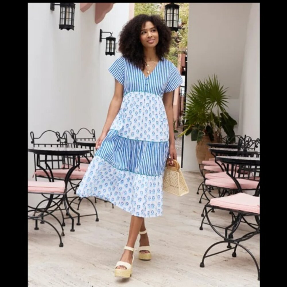 Printfresh In Bloom Main Act Blue White Floral Midi Dress in Blue Cloud Sz XS